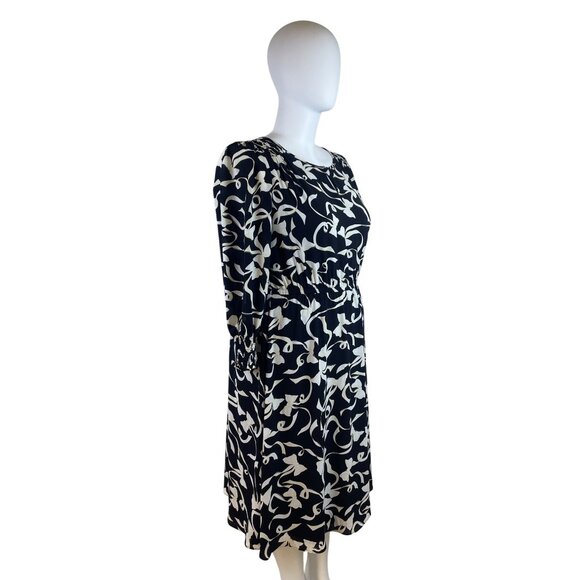 Talbots Black & Ivory Floral Pattern Womens Midi Dress Elastic Waist Lined Sz 1X - Picture 2 of 9